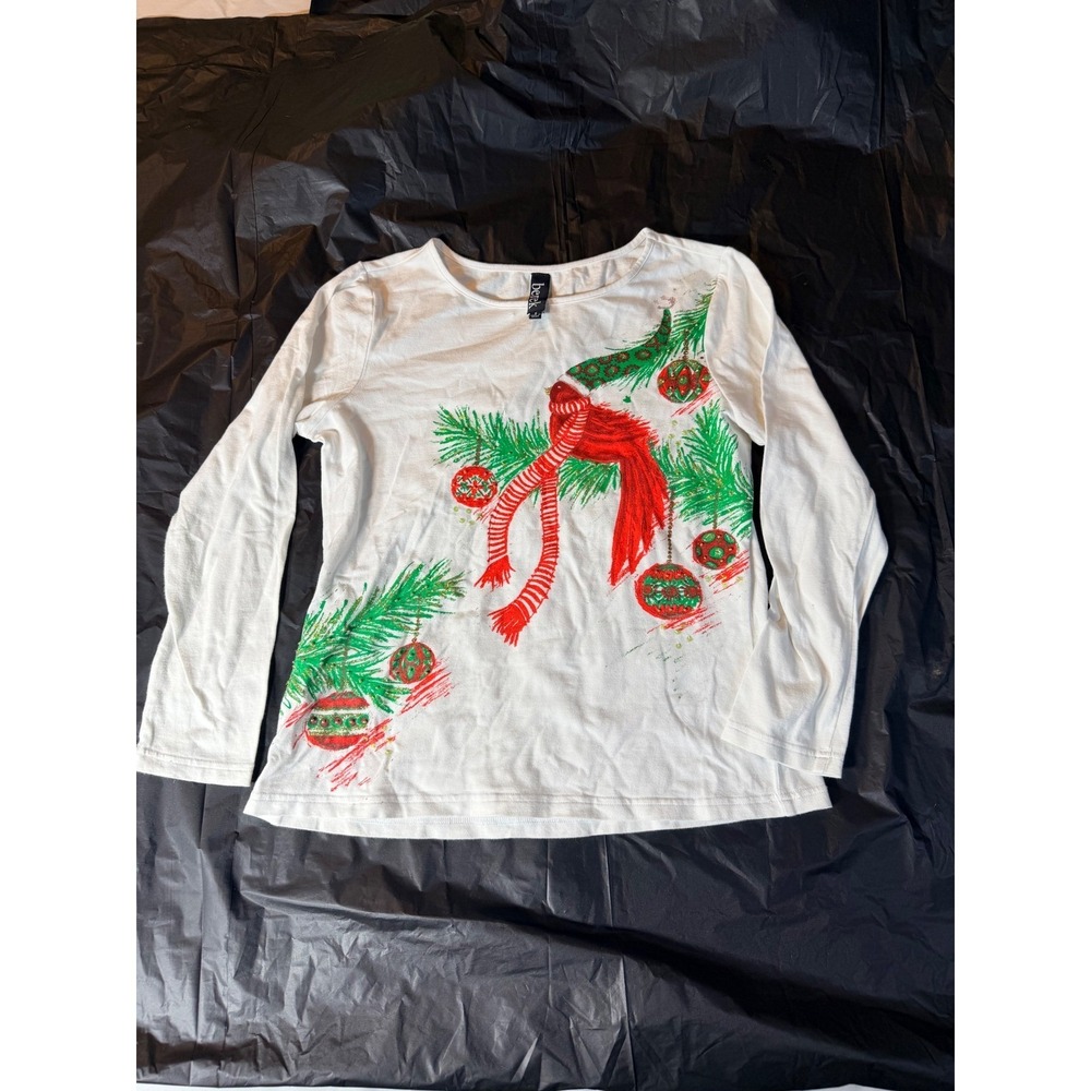 Berek Womens White Christmas Cardinal Ornament Sequin Long Sleeve T-Shirt Small